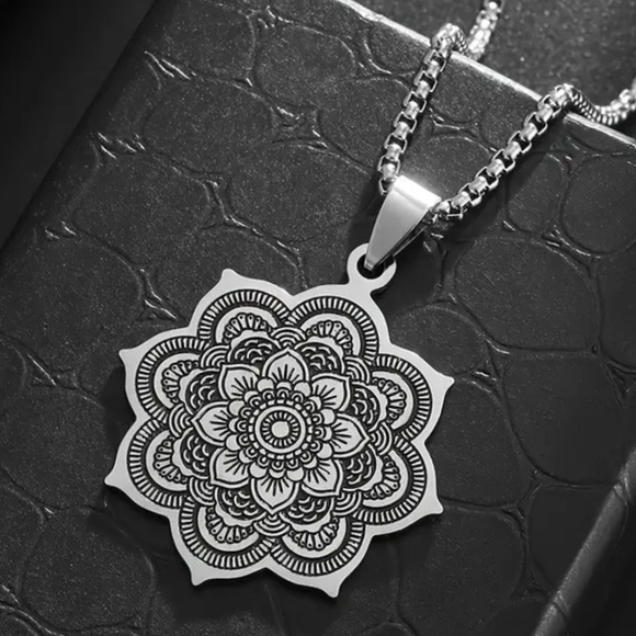 Stainless Steel Mandala Pendant Necklace | 24” Chain | Boho Spiritual Jewelry - Picture 5 of 7